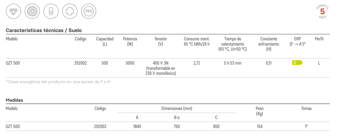 Especificaciones técnicas del Termo Eléctrico Blindado Thermor GZT 500